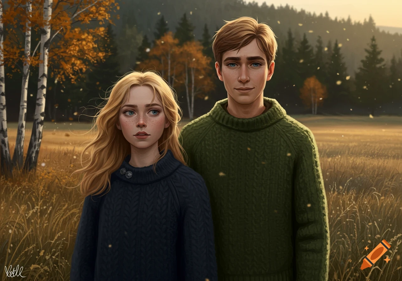 Illustration of a young man and woman in sweaters standing in an autumn field with birch trees and falling leaves.