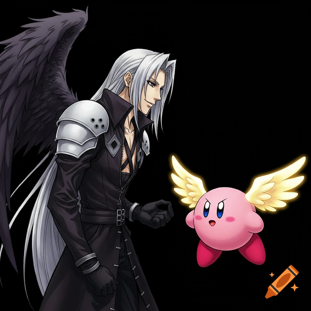 Anime style depiction of Sephiroth with one black wing smiling at a small, pink, winged Kirby on a black background.