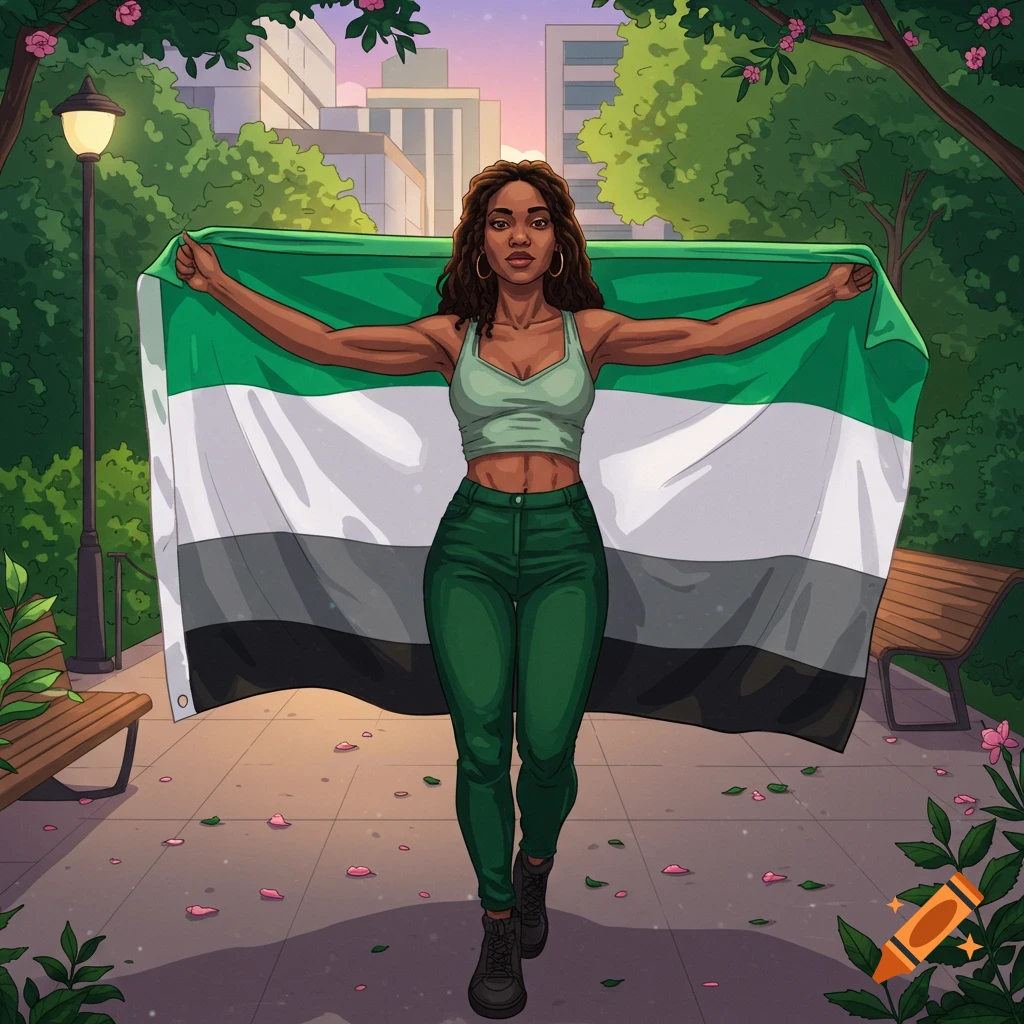 An illustration of a woman in a crop top and pants holding an aromantic flag in a park.