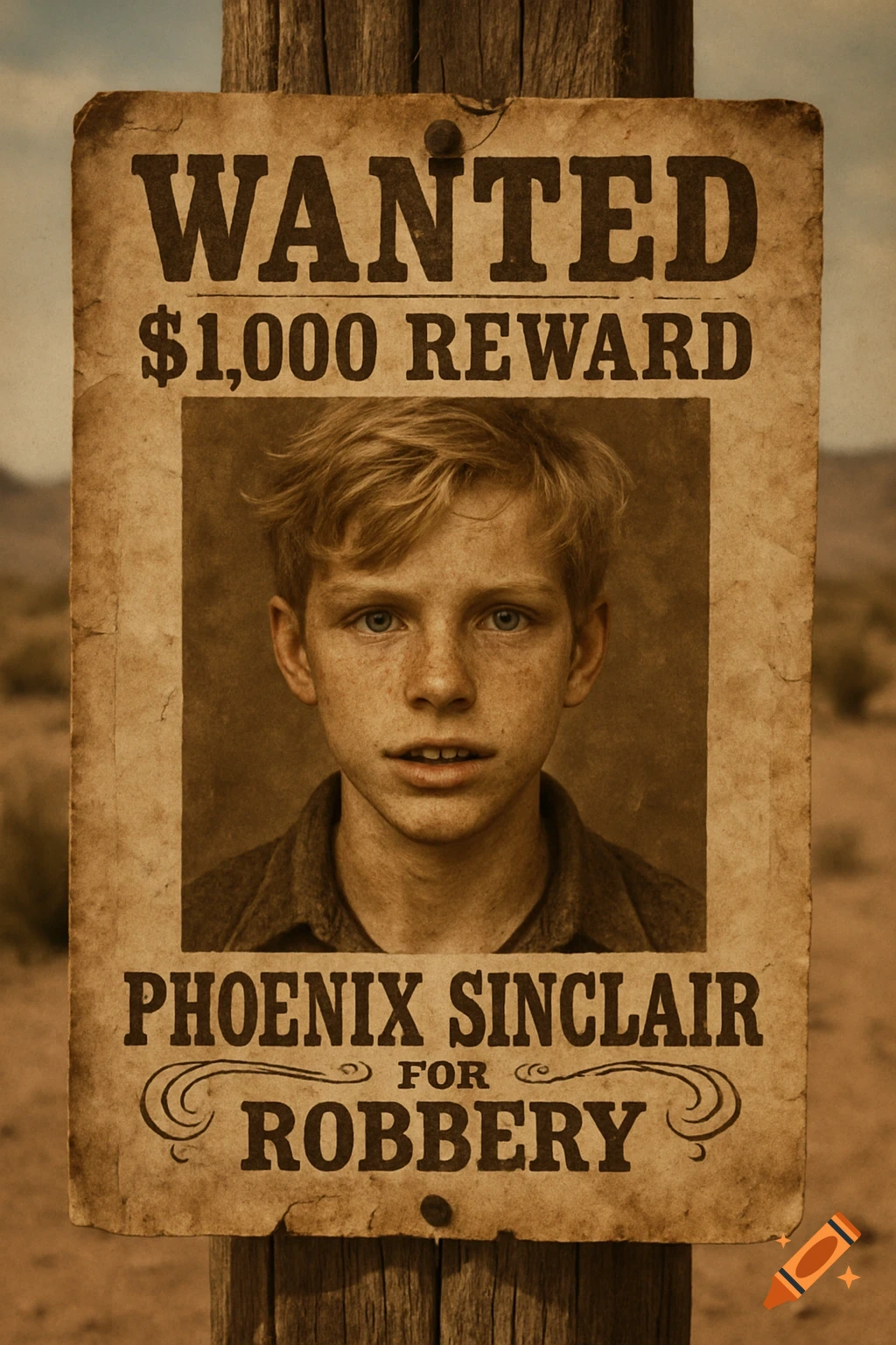 An old western wanted poster featuring a sepia-toned portrait of a young boy with blonde hair and blue eyes. The poster reads "WANTED", "$1,000 REWARD", "PHOENIX SINCLAIR", and "FOR ROBBERY".