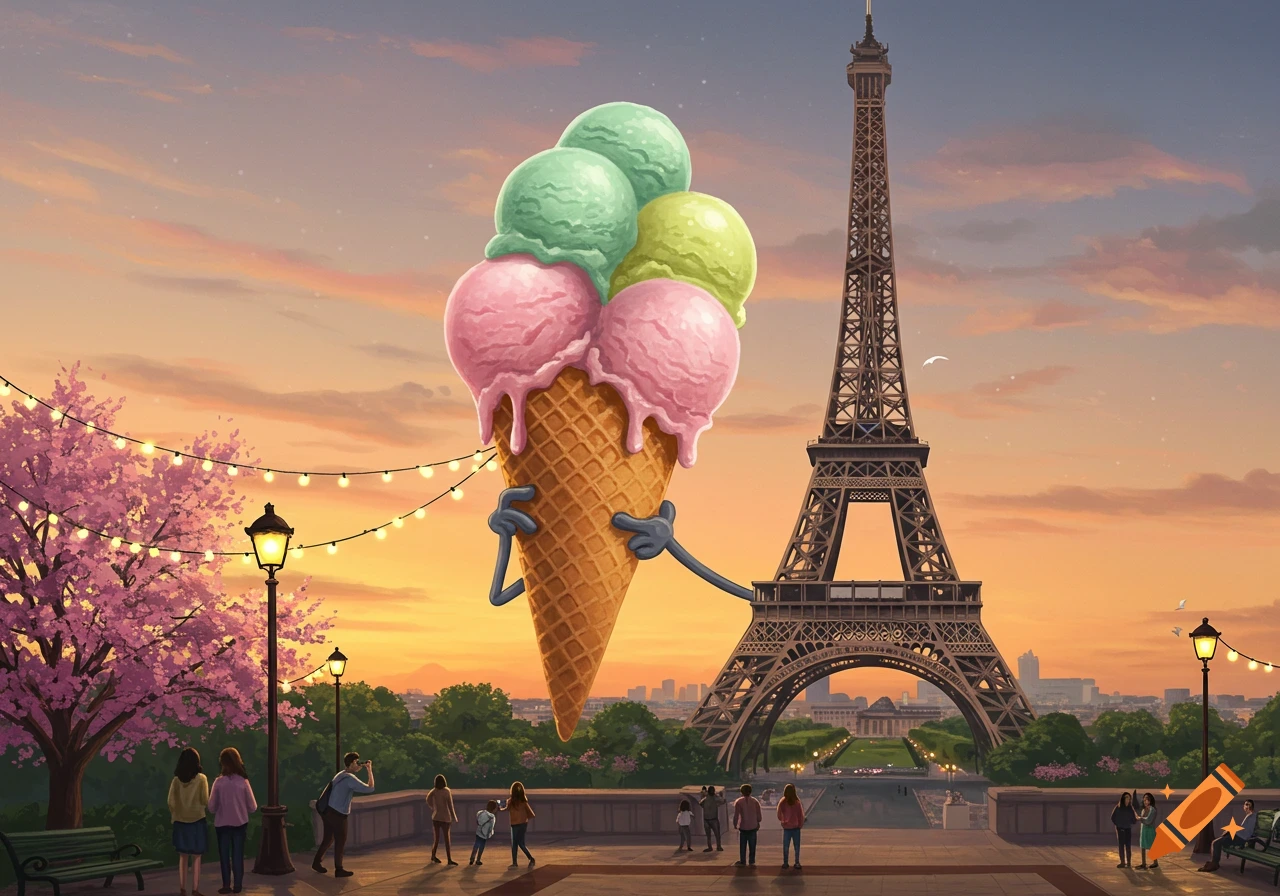 A giant walking ice cream cone stands beside the Eiffel Tower at sunset in Paris, with onlookers, in a whimsical art style.