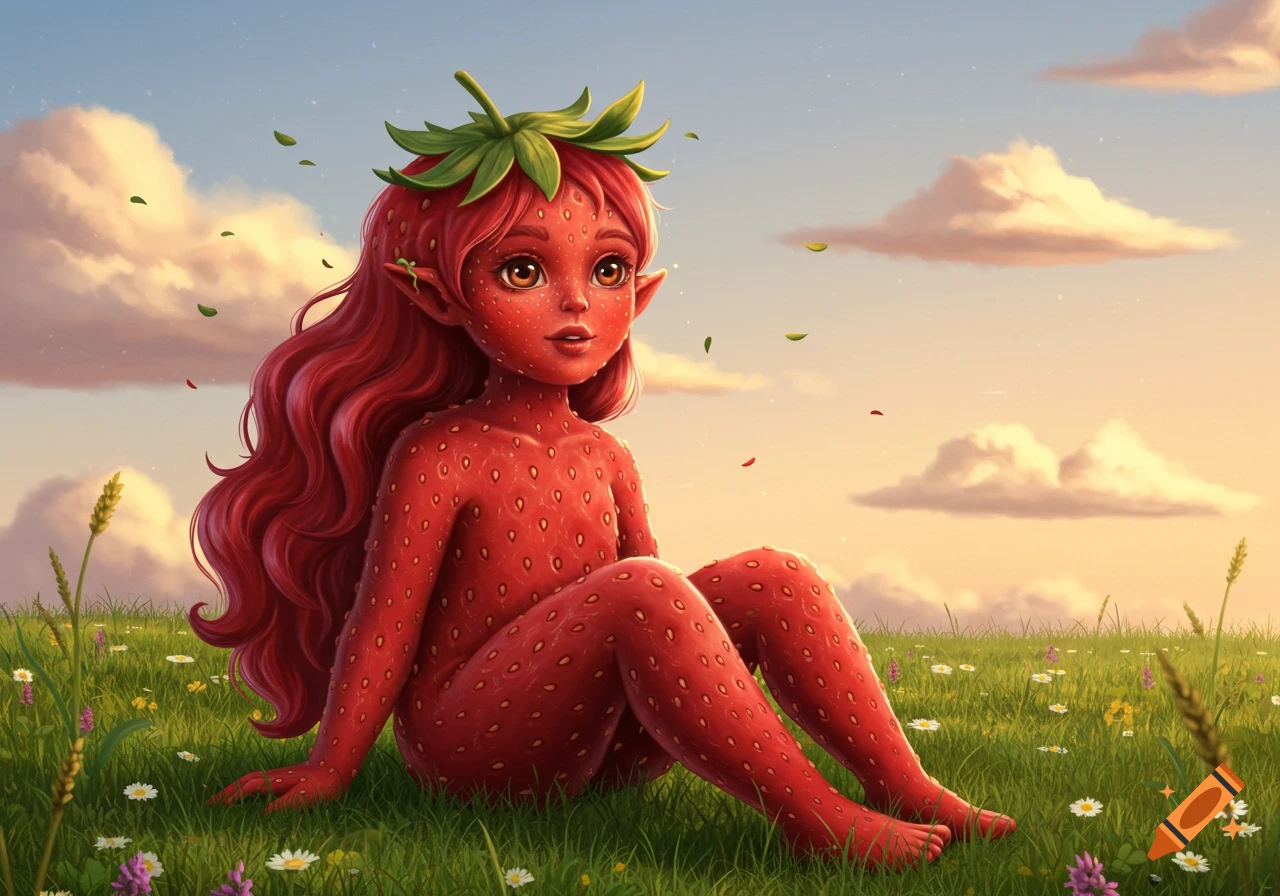 A humanoid strawberry creature with long red hair and green leaves on its head sits in a grassy field at sunset, among wildflowers.