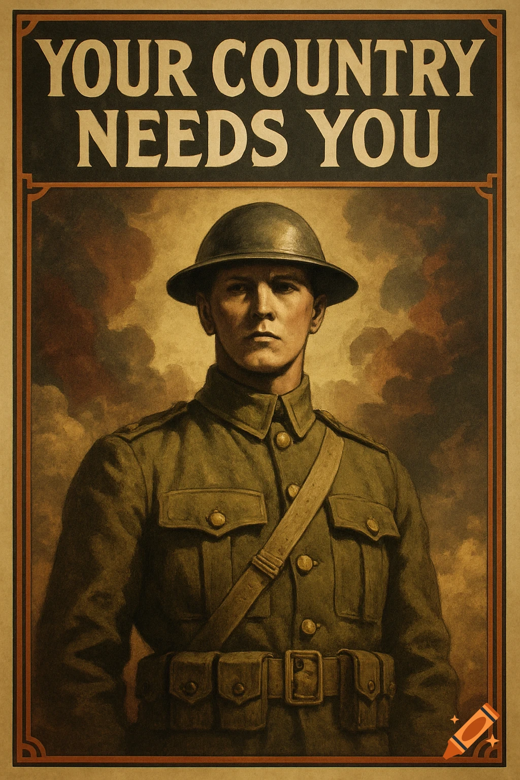 Vintage WWI propaganda poster featuring a serious soldier in uniform with a helmet, against a smoky background, with the text 'YOUR COUNTRY NEEDS YOU'.