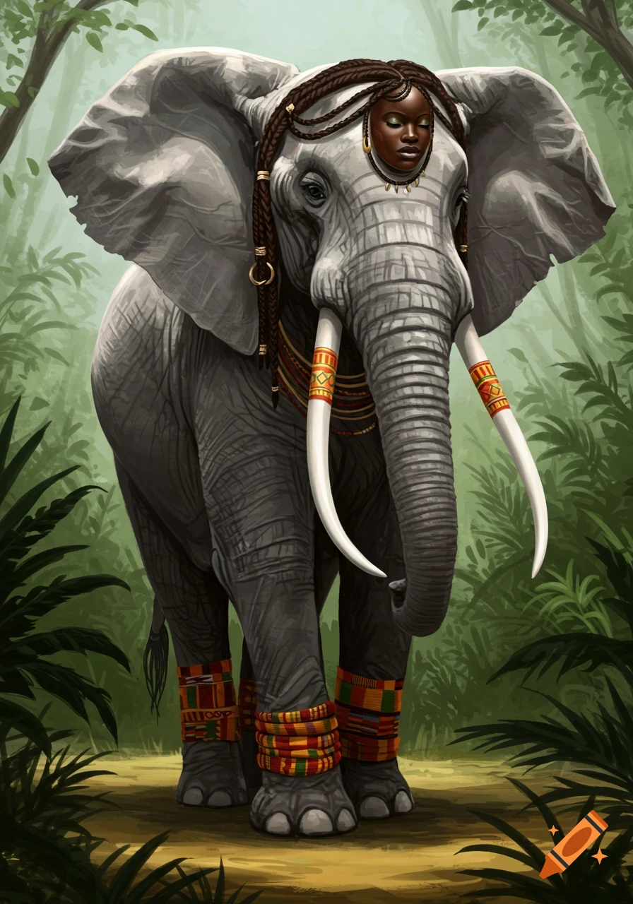 A majestic elephant with a human woman's face on its forehead, adorned with braids and tribal jewelry, stands in a lush jungle.