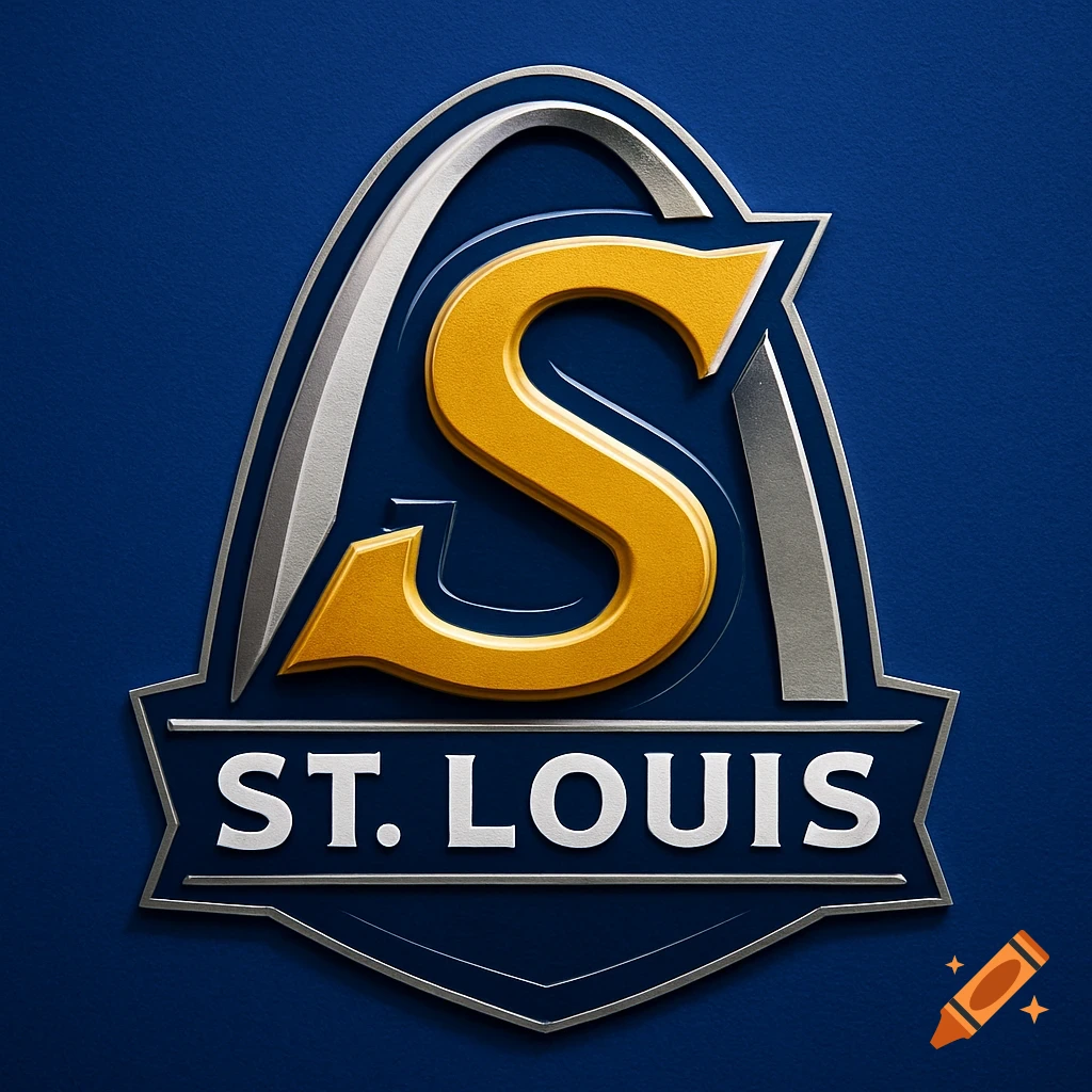 A metallic gold 'S' within a silver arched emblem with 'ST. LOUIS' on a silver banner below, on a deep blue background.