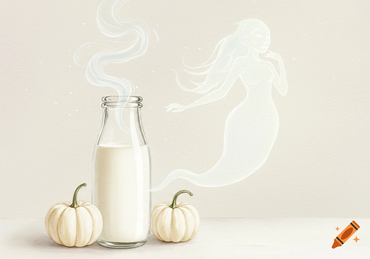A bottle of milk with smoke rising, forming a wispy female ghost, flanked by two white pumpkins in a soft watercolor style.