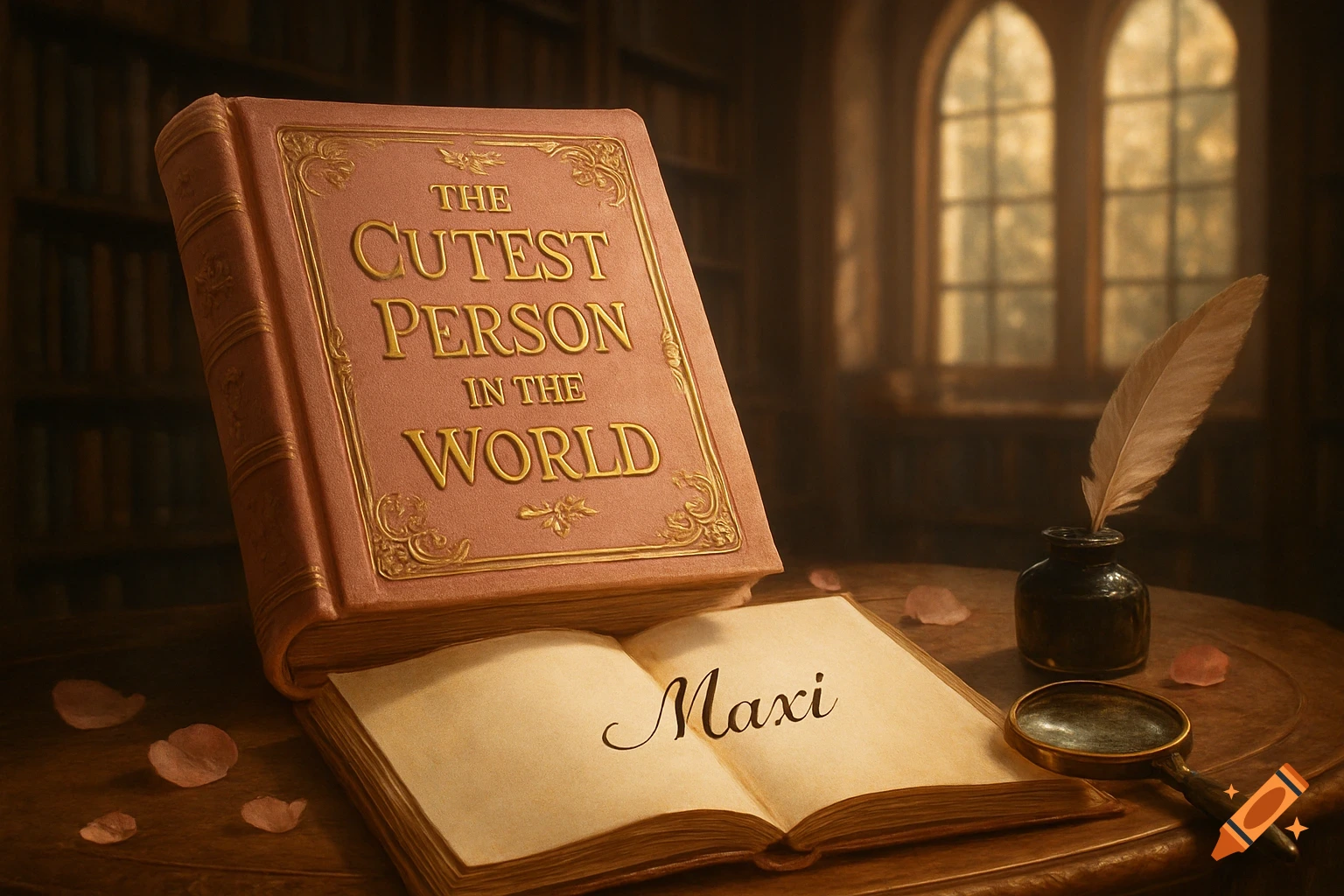 An ornate book titled 'The Cutest Person in the World' is open to 'Maxi' on a wooden desk with a quill, inkwell, and magnifying glass in a warm-lit library.