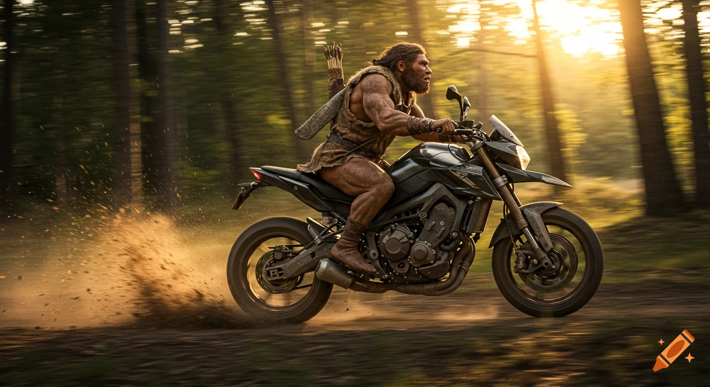 A muscular Neanderthal man rides a modern dirt bike through a forest at sunset, kicking up dirt. Photorealistic style.