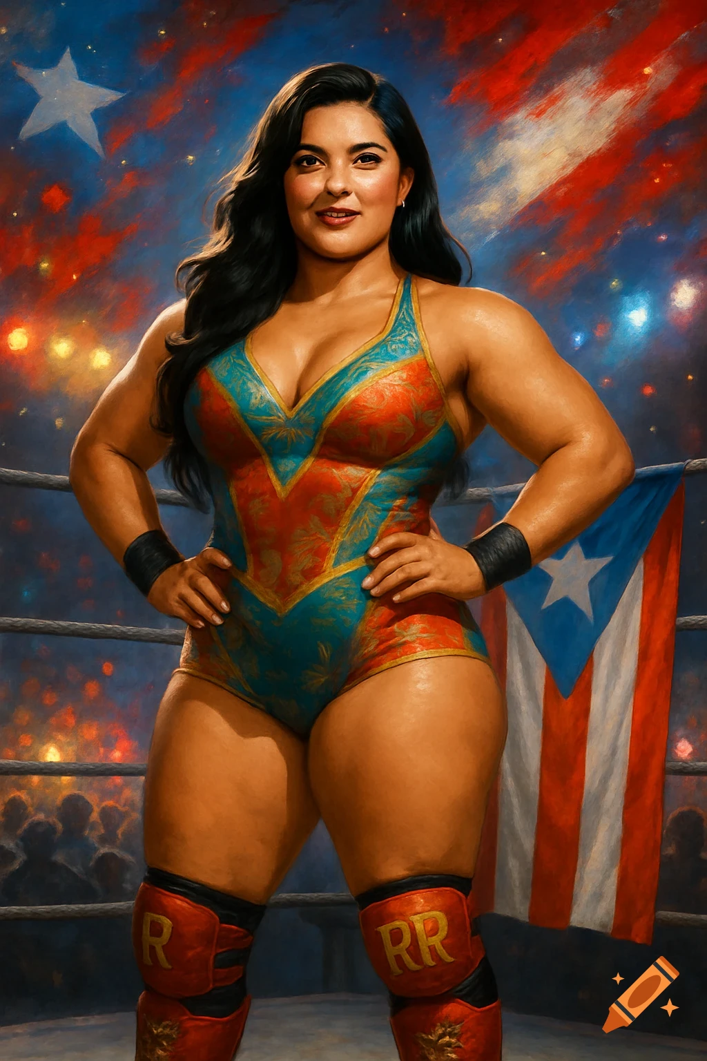 A shapely female wrestler in a colorful leotard and knee pads stands in a ring with a Puerto Rican flag backdrop, in a painterly style.