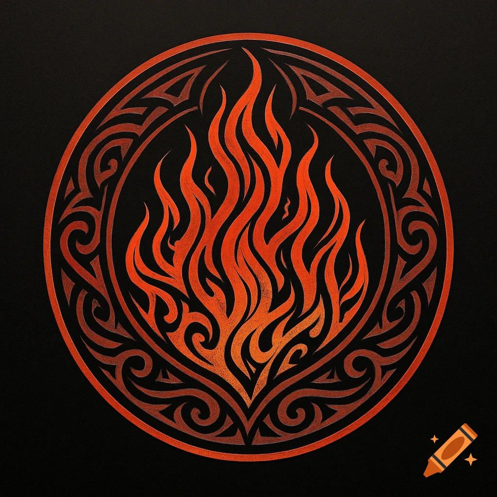 A tribal-style logo featuring orange and red flames within a decorative circular border on a black background.