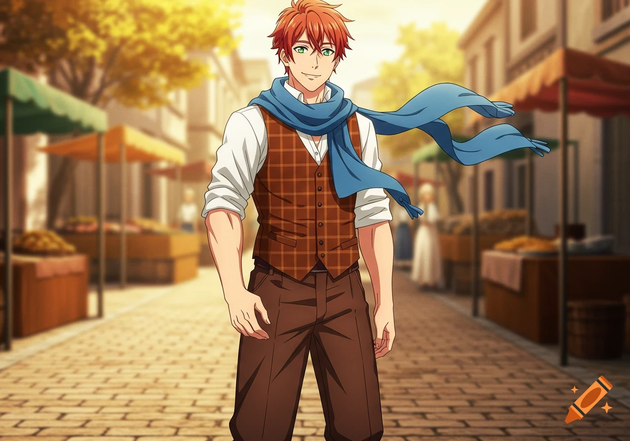 An anime man with reddish-orange hair, green eyes, a blue scarf, brown vest, and brown pants smiles while standing in a cobblestone market street.
