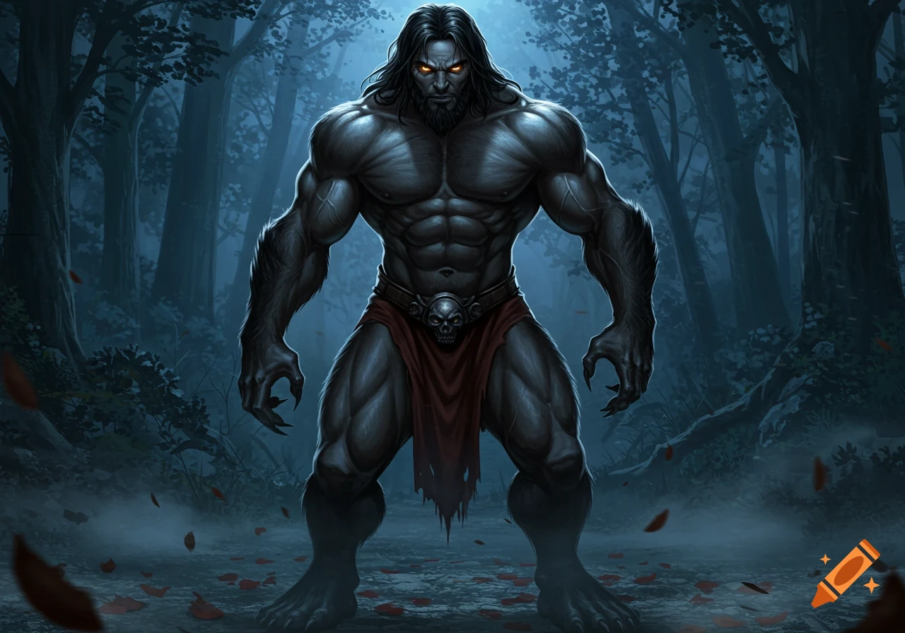 A hulking, muscular werewolf-like creature with glowing orange eyes and sharp claws stands in a dark, misty forest, digital art.