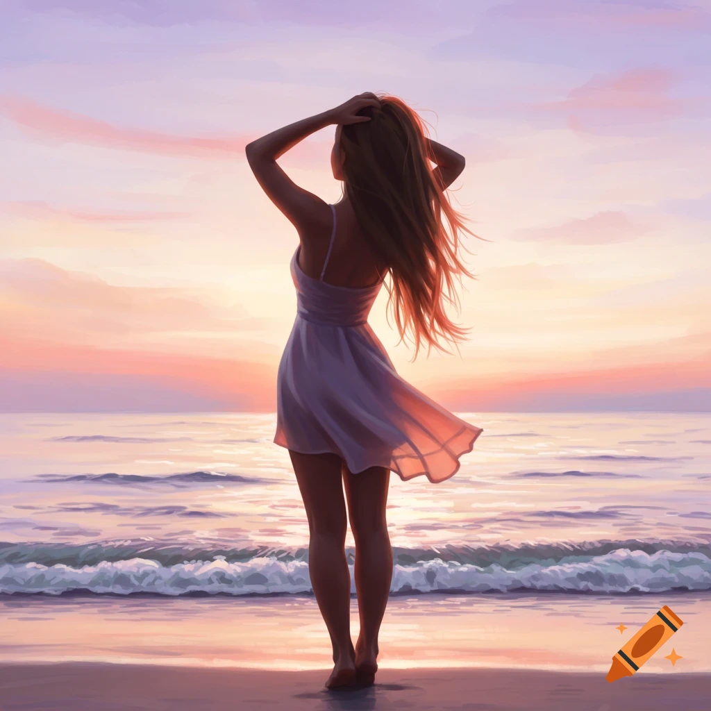 An illustration of a woman in a white dress standing on a beach at sunset, looking out at the ocean.