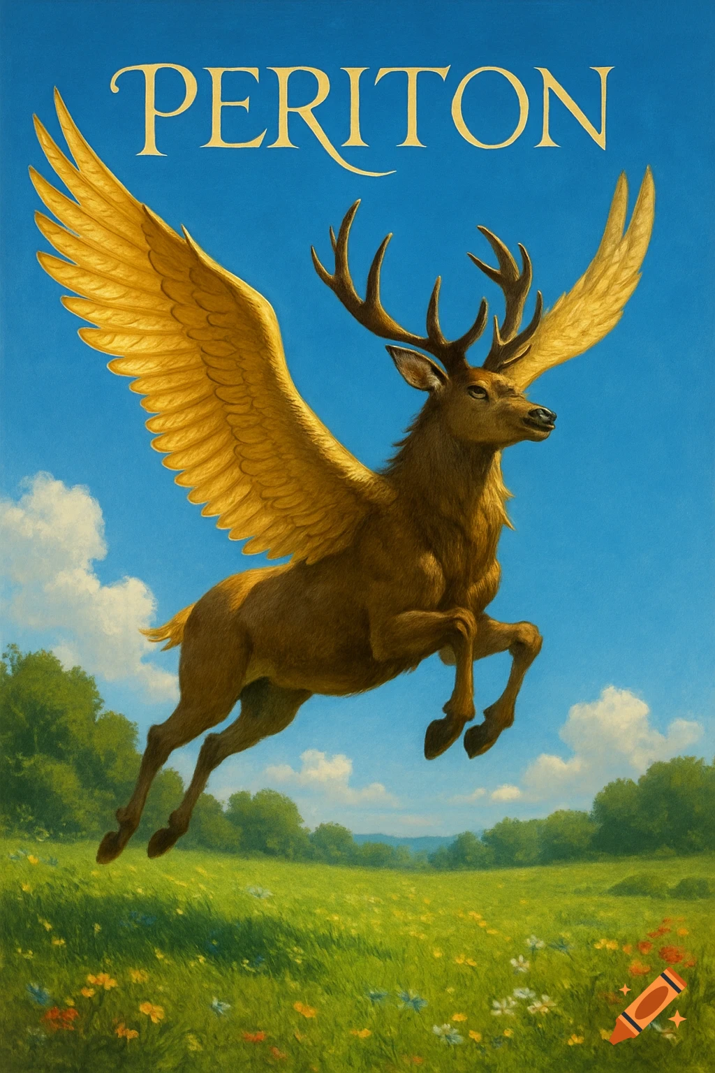 A majestic Periton, a winged deer with golden wings, flies over a vibrant green meadow under a bright blue sky.