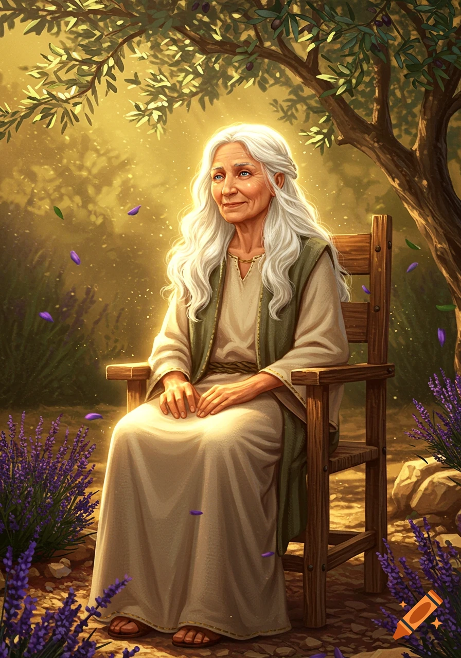 Elderly woman with white hair sits in a wooden chair under an olive tree, surrounded by lavender in golden light. Digital painting.