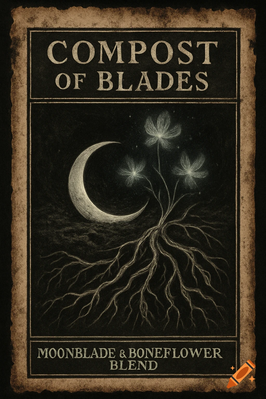 A dark gothic seed packet design for 'Compost of Blades,' featuring a crescent moon, glowing spectral flowers, and skeletal roots.