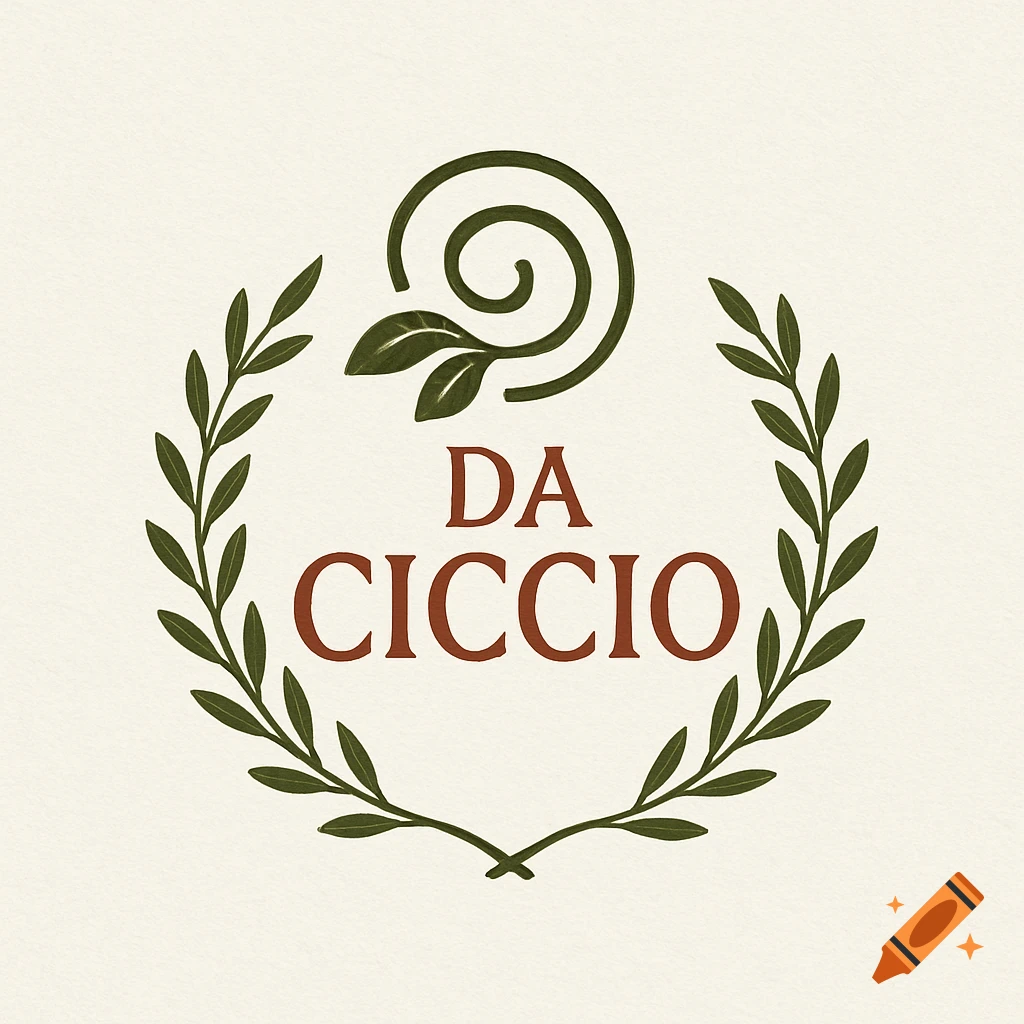 Restaurant logo 'DA CICCIO' with olive branch wreath and a green stylized leaf swirl on a light background.