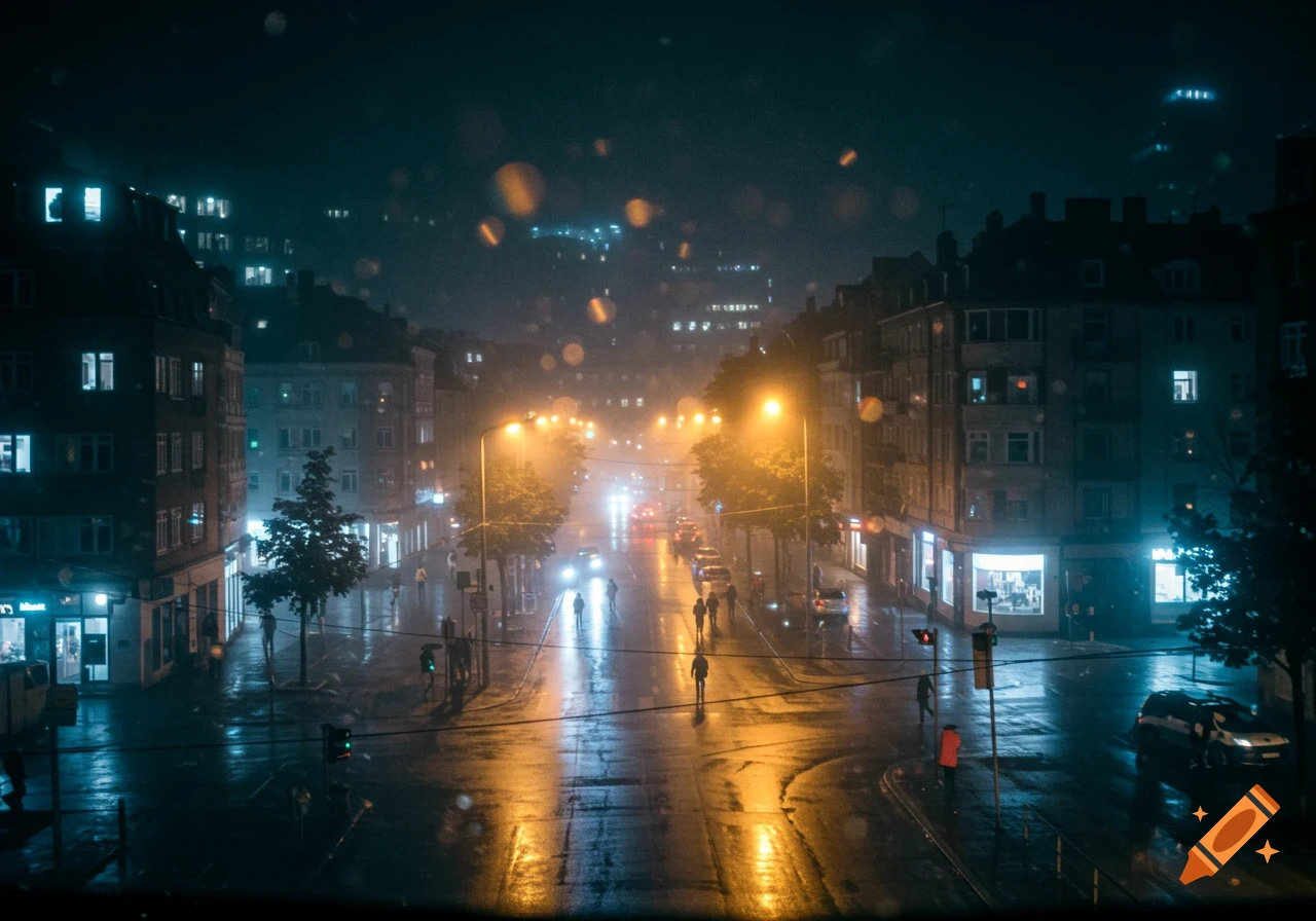 A high-angle photo of a wet city street at night, with glowing streetlights, cars, and pedestrians during a rain, reflecting vivid colors.