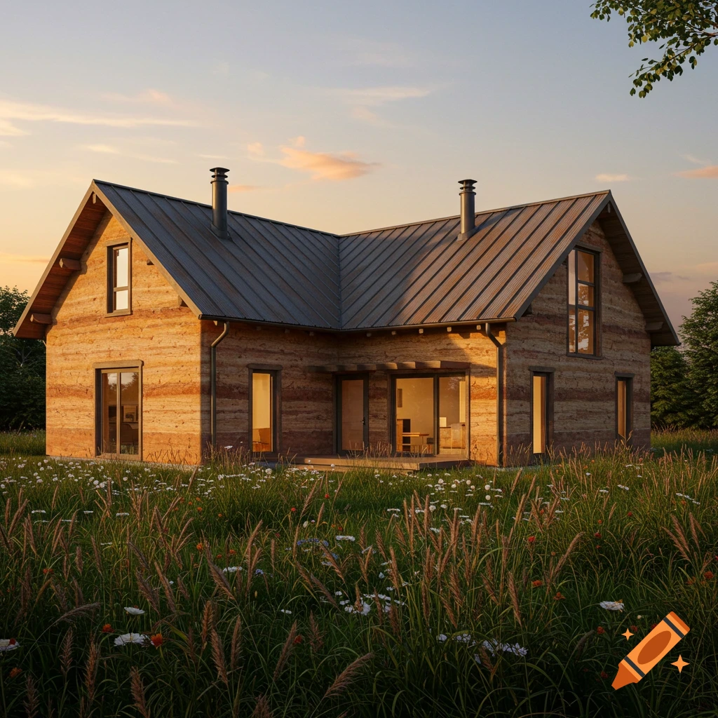 Photorealistic rammed earth house with a metal roof, surrounded by wildflowers at sunset.