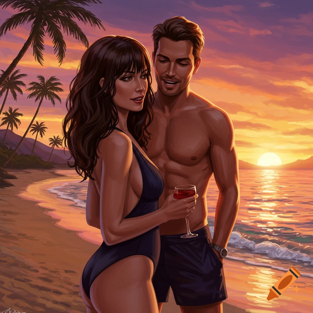 An illustrated couple, a woman in a swimsuit holding wine and a shirtless man, stand on a beach during sunset with palm trees.