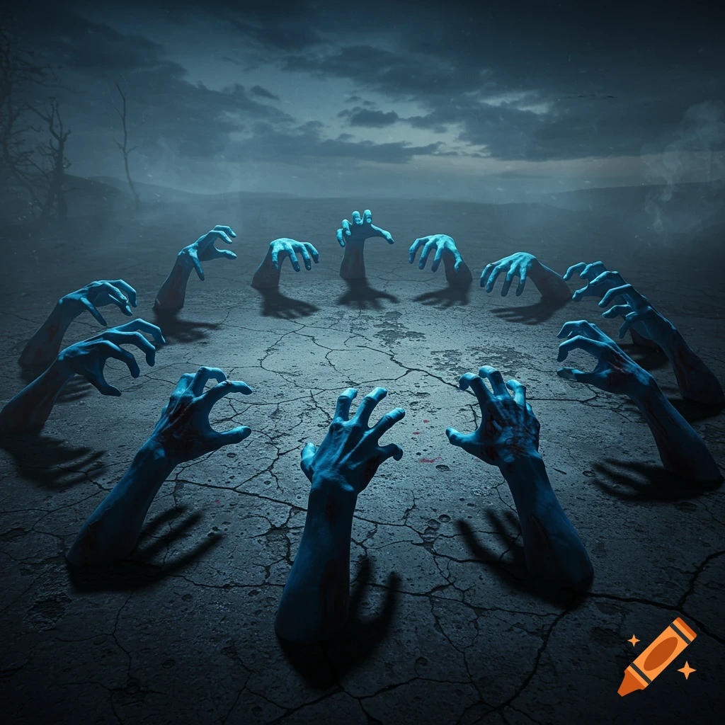 Blue zombie hands emerge from cracked ground, forming a circle under a dark, stormy sky in an ominous, photorealistic style.