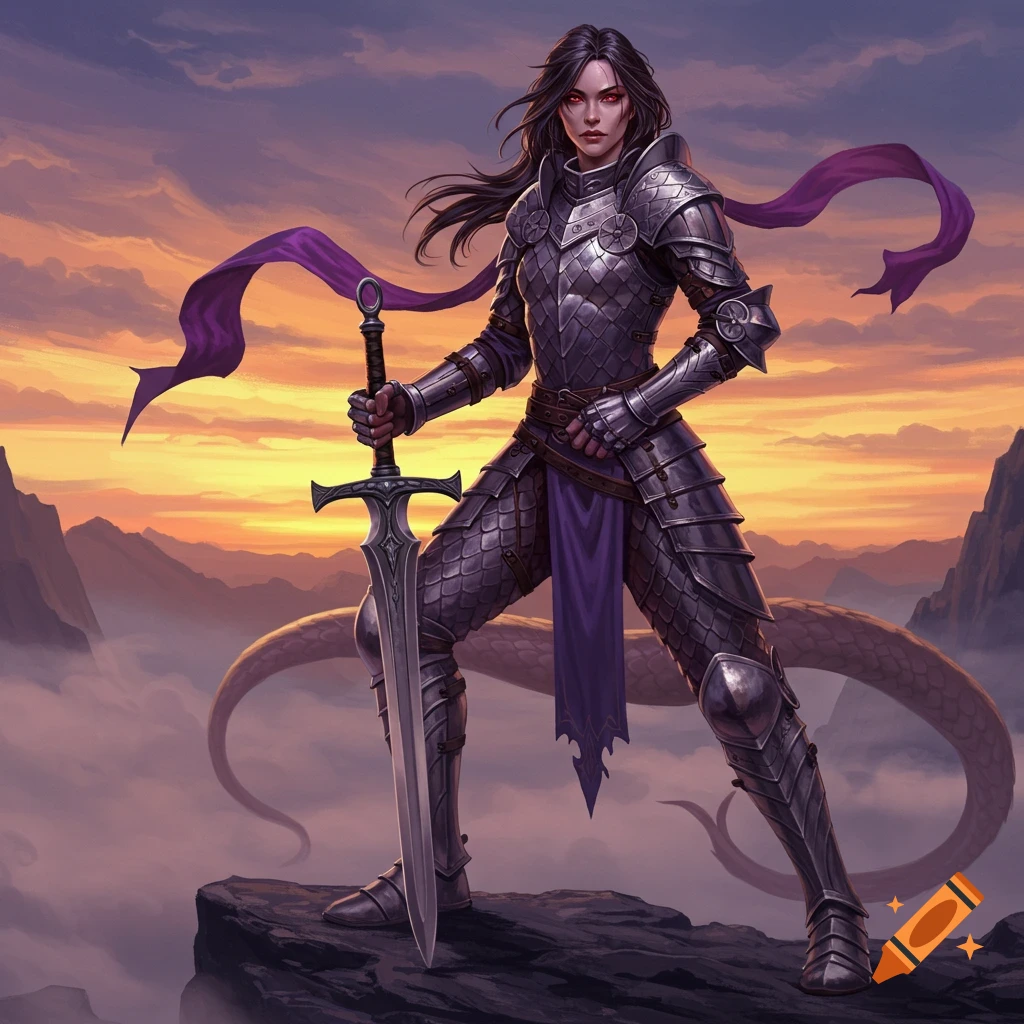 A female warrior in full armor with a sword stands on a rocky peak at sunset, purple ribbon flowing.