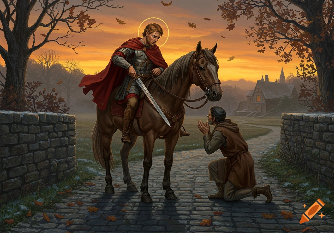 A knight with a halo on horseback prepares to cut his red cloak for a kneeling man on a path at sunset.