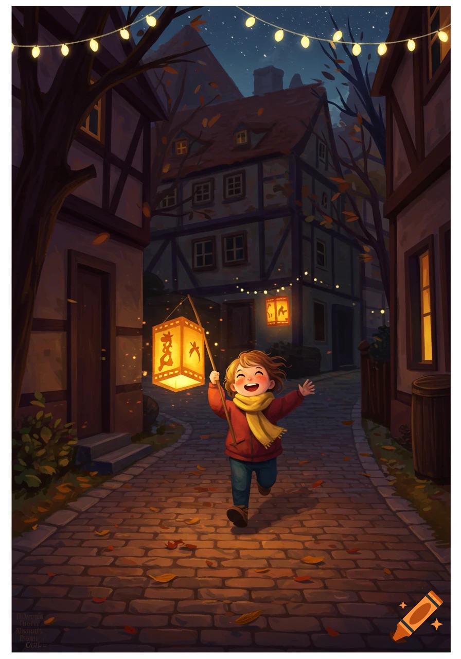 A happy child in a red jacket and yellow scarf runs down an autumn street at night, holding a glowing lantern. Buildings are lit with string lights.