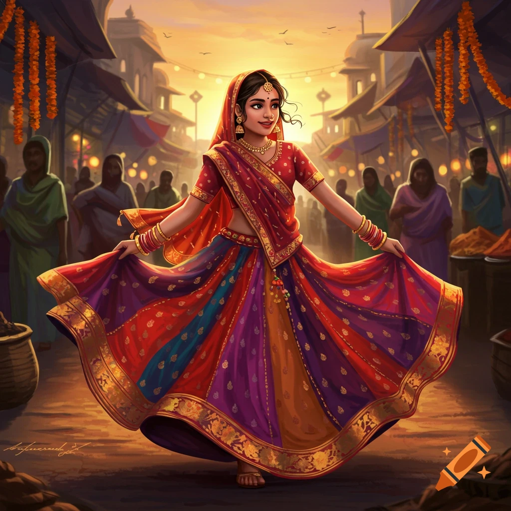 An Indian girl in a colorful ghagra dances gracefully in a bustling marketplace at sunset, surrounded by people and hanging marigold garlands. Artistic style.