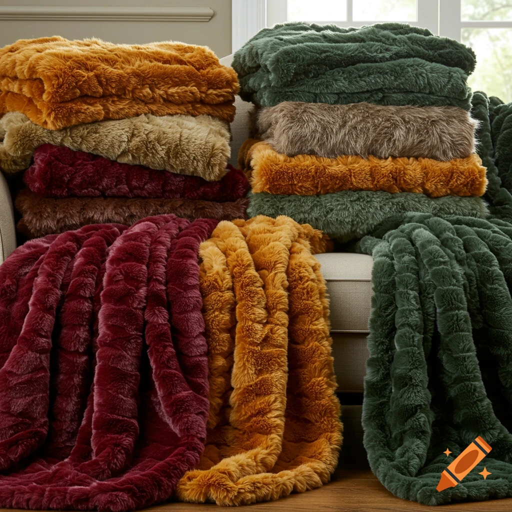 Stacks of soft, textured faux fur blankets in rich shades of green, yellow, burgundy, and brown draped over furniture.