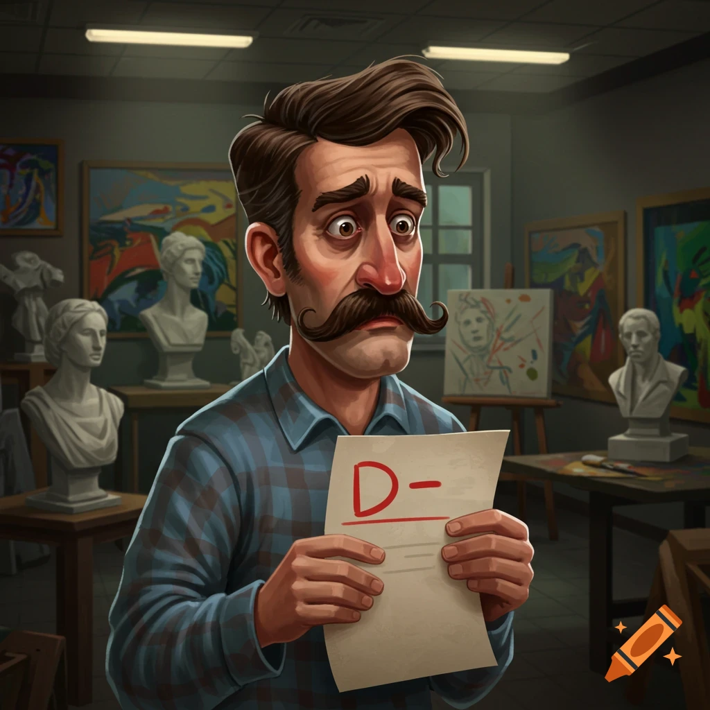 A sad, mustachioed man in an art studio holds up a paper with a D- grade in a cartoon style.