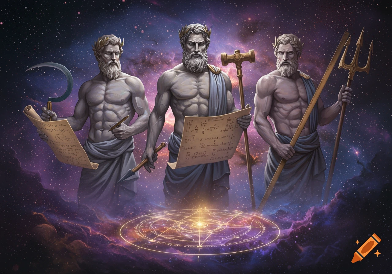Three stoic Greek gods with beards and laurel wreaths hold ancient tools and scrolls with formulas, set in a cosmic nebula scene with a glowing geometric symbol.