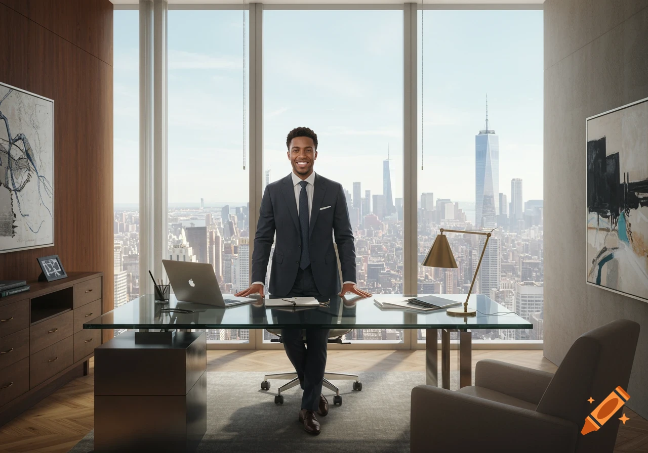 A smiling young Black businessman in a suit stands confidently behind a glass desk in a modern high-rise office overlooking the Manhattan skyline.