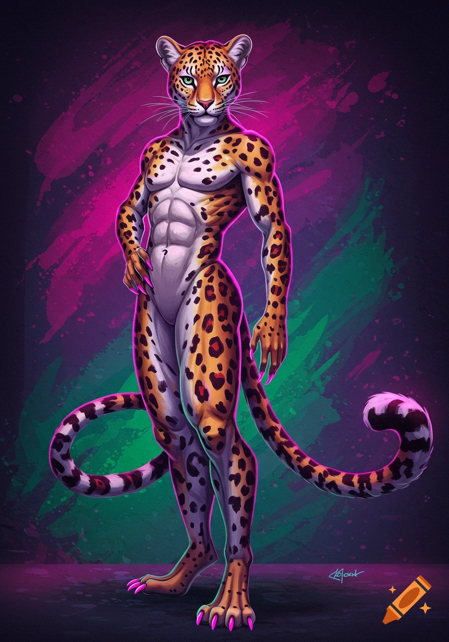 Muscular anthropomorphic leopard with green eyes and neon pink claws stands against a vibrant pink and green gradient background.