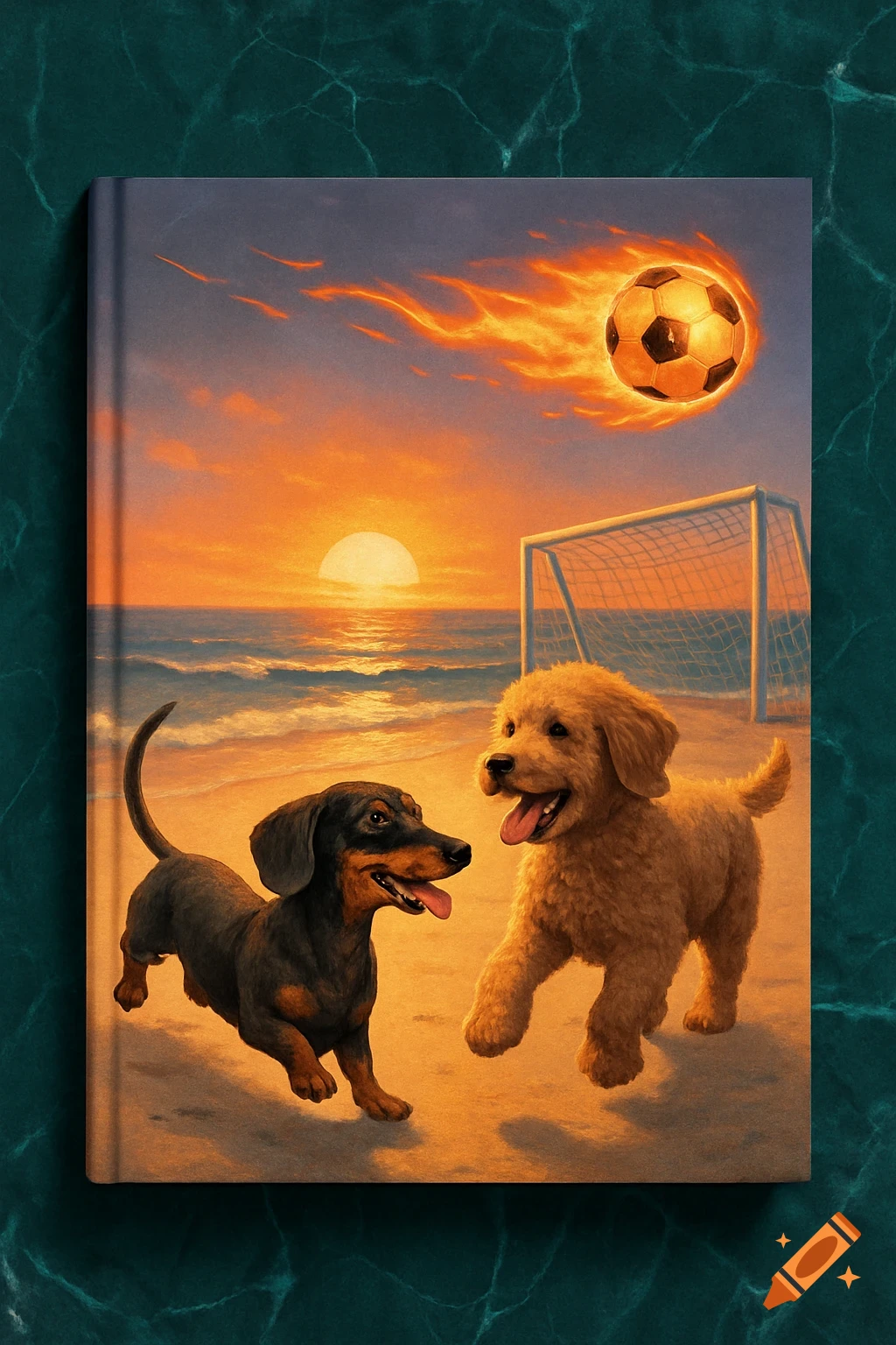 A painterly image of a dachshund and a labradoodle running on a beach at sunset, with a flaming soccer ball flying towards a goal.