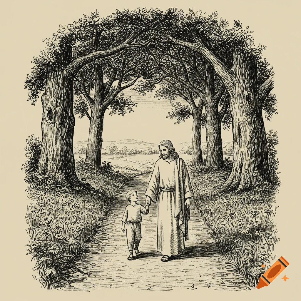 Black and white pen-and-ink illustration of Jesus walking hand-in-hand with a little boy down a tree-lined country road.