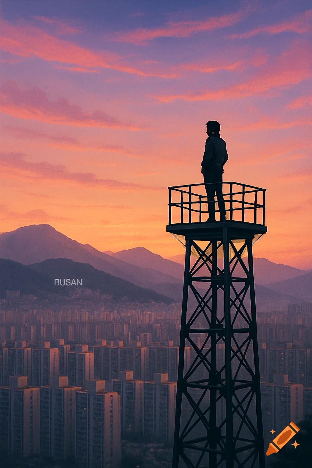 A person stands on a tower, silhouetted against a vibrant orange and purple sunset over a city and mountains.
