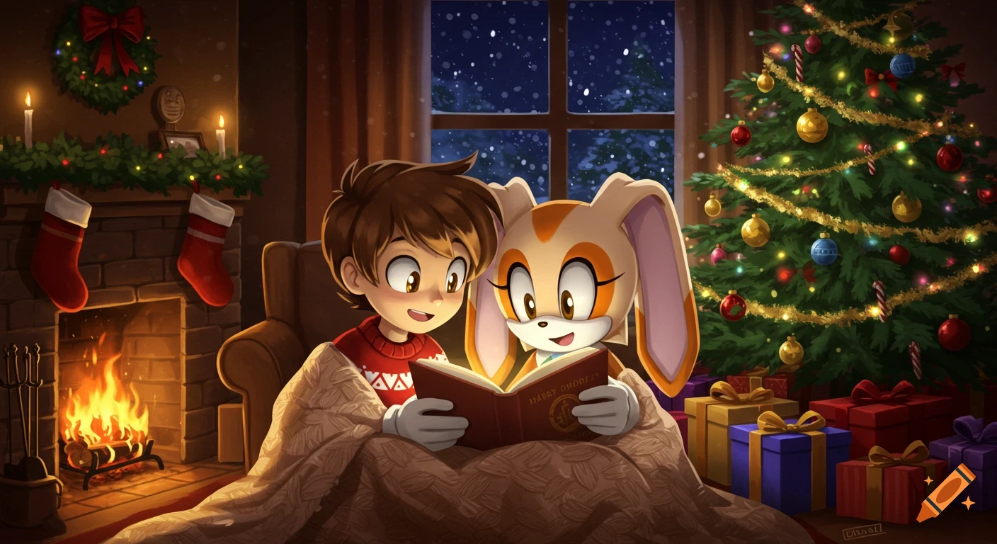 Cream the Rabbit and a boy read a story by a fireplace on Christmas Eve with a decorated tree, gifts, and snow outside, in a cartoon style.