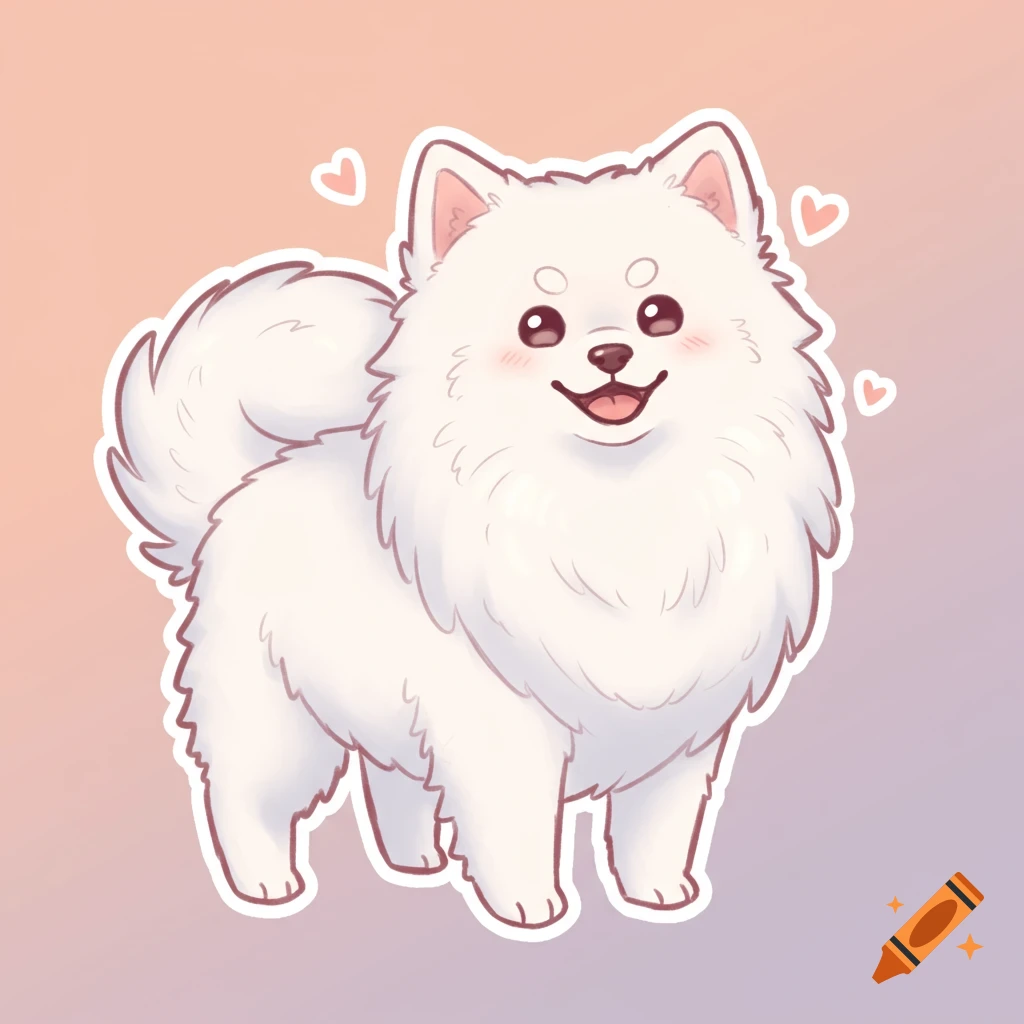 A cute cartoon white fluffy dog with pink cheeks and hearts, drawn in a sticker style on a gradient background.