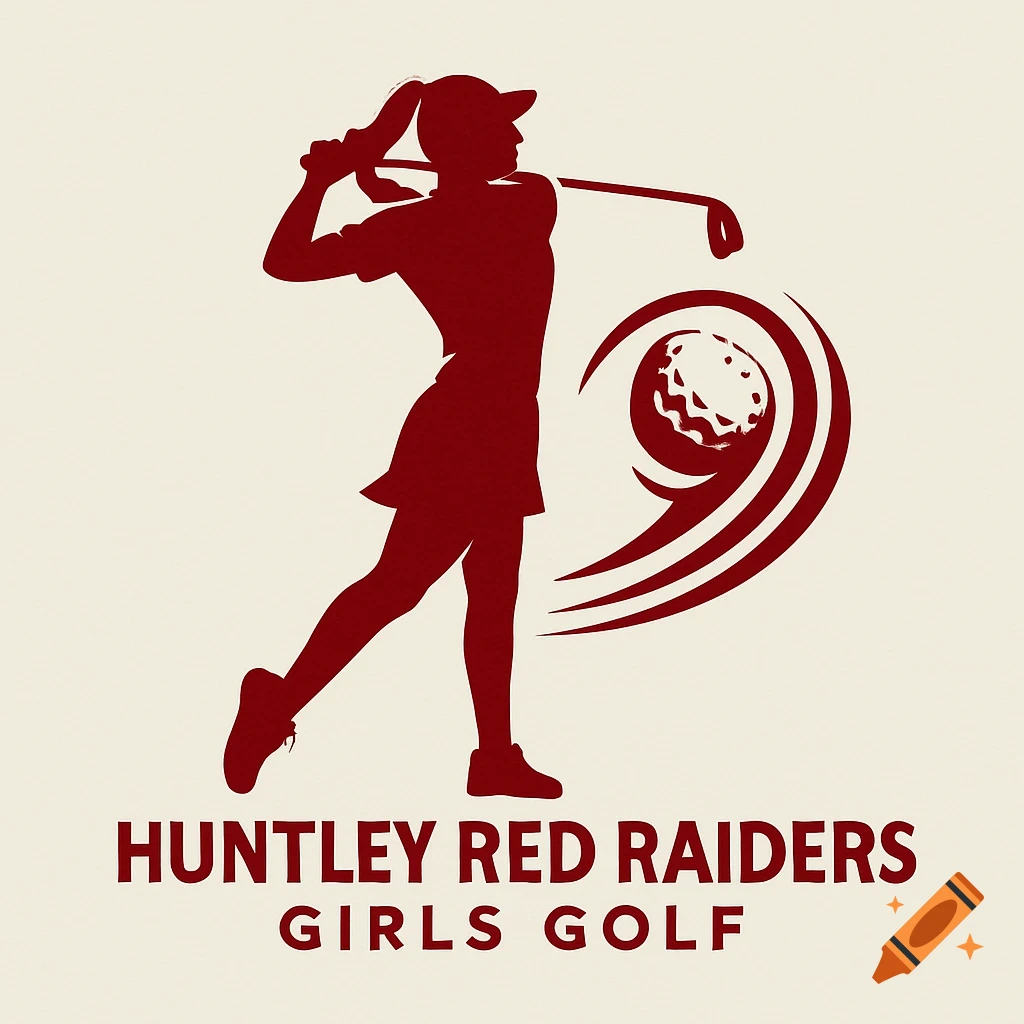 A red silhouette logo of a female golfer swinging a club, with a golf ball and swirl graphic, and the text 'HUNTLEY RED RAIDERS GIRLS GOLF'.