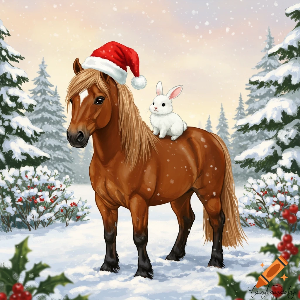An illustration of a brown horse wearing a Santa hat with a white bunny sitting on its back in a snowy winter forest.