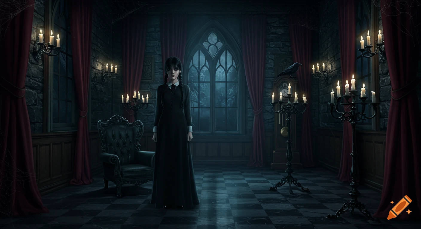 A girl resembling Wednesday Addams stands in a dimly lit gothic room with red curtains, candelabras, and a large window.