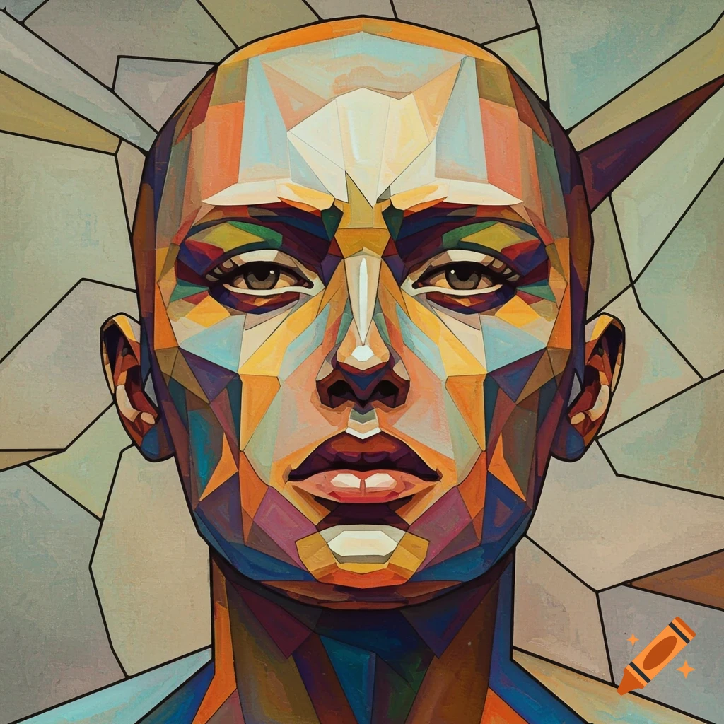A colorful, cubist-style portrait of a bald human head composed of geometric shapes.