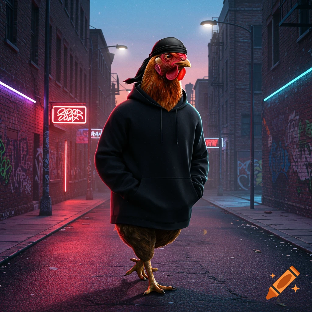 A photorealistic chicken wearing a black hoodie and durag stands on a neon-lit city street with graffiti.