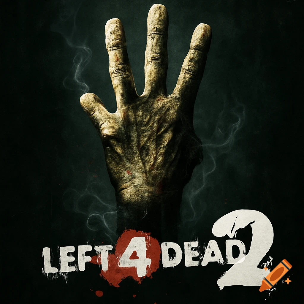 A gritty image of a zombie hand with four fingers raised, set against a smoky dark background, with the game title 'LEFT 4 DEAD 2' below.