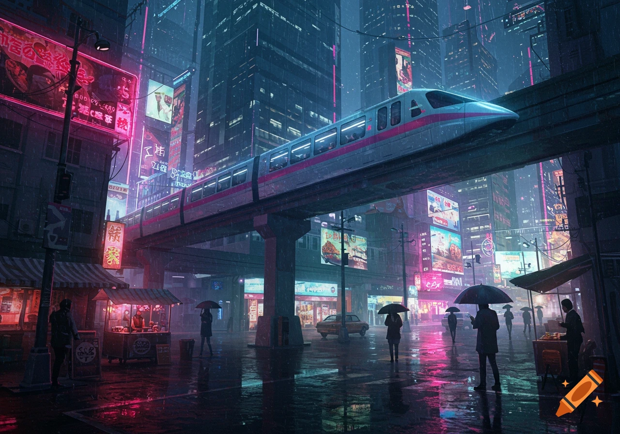 A futuristic cyberpunk city at night with neon signs, skyscrapers, a train on an elevated track, and people with umbrellas in the rainy streets.