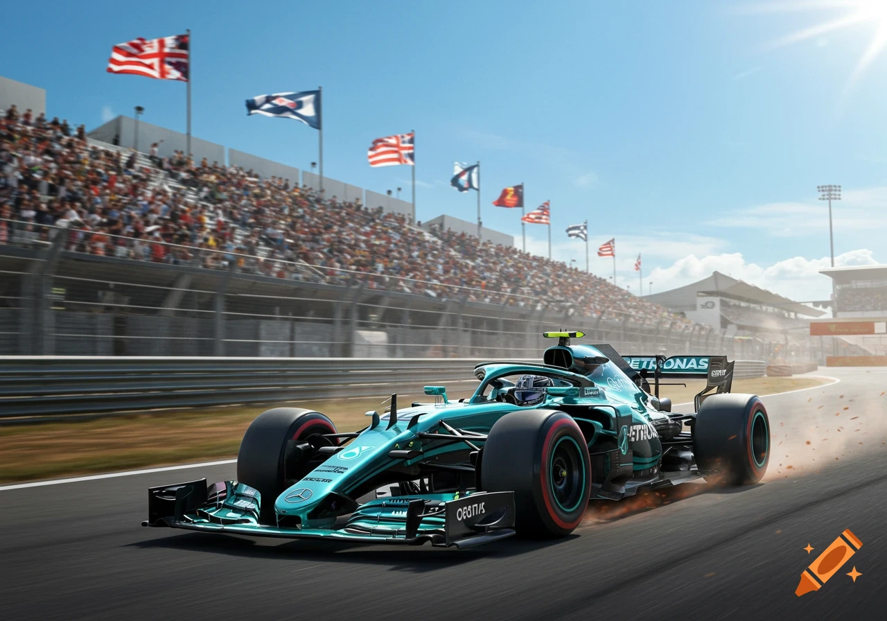 A teal Formula 1 car speeding on a track past a grandstand filled with spectators under a sunny sky.