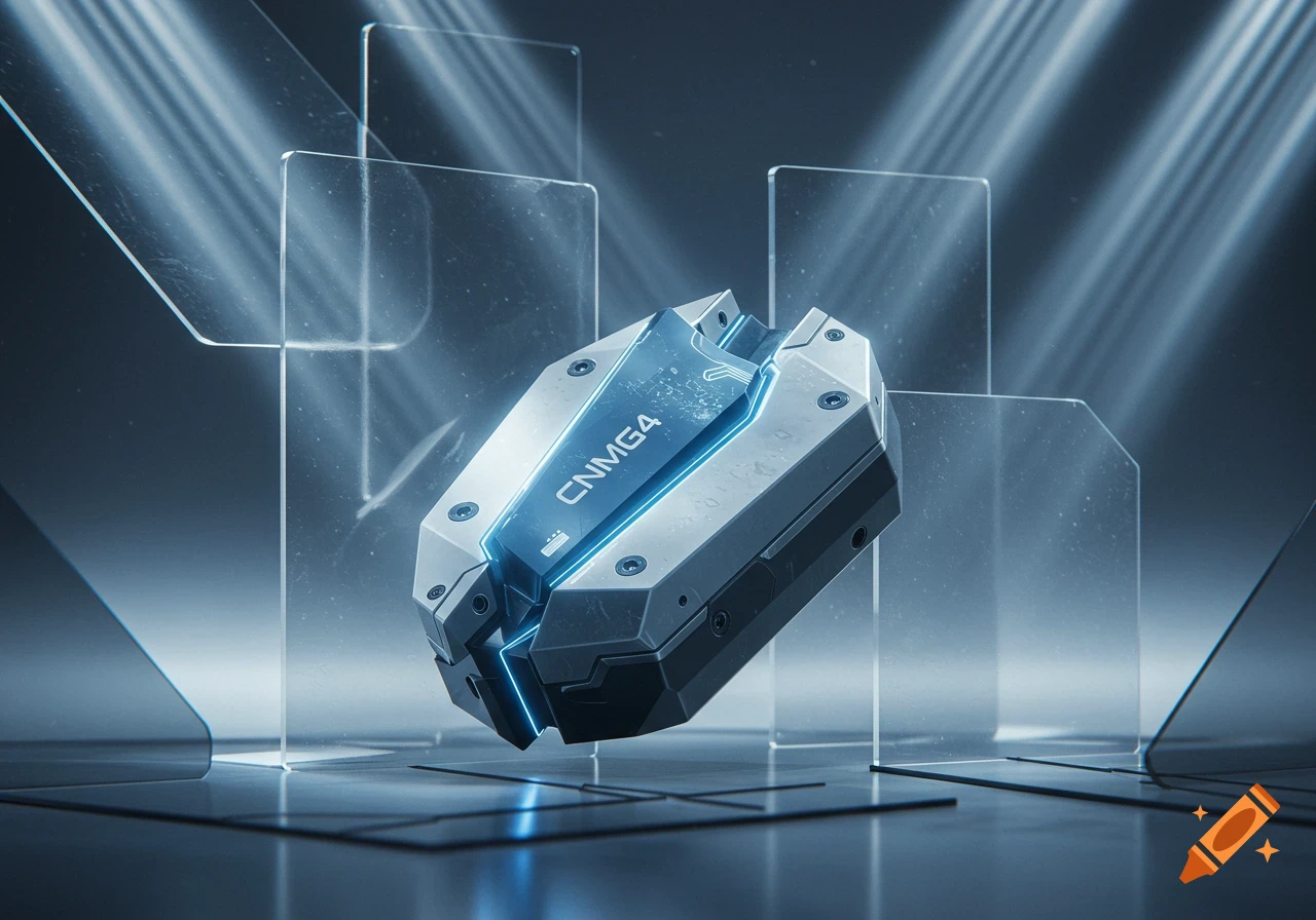 A futuristic industrial device, gray and dark with glowing blue accents, floating between transparent panels in a dimly lit, high-tech environment.