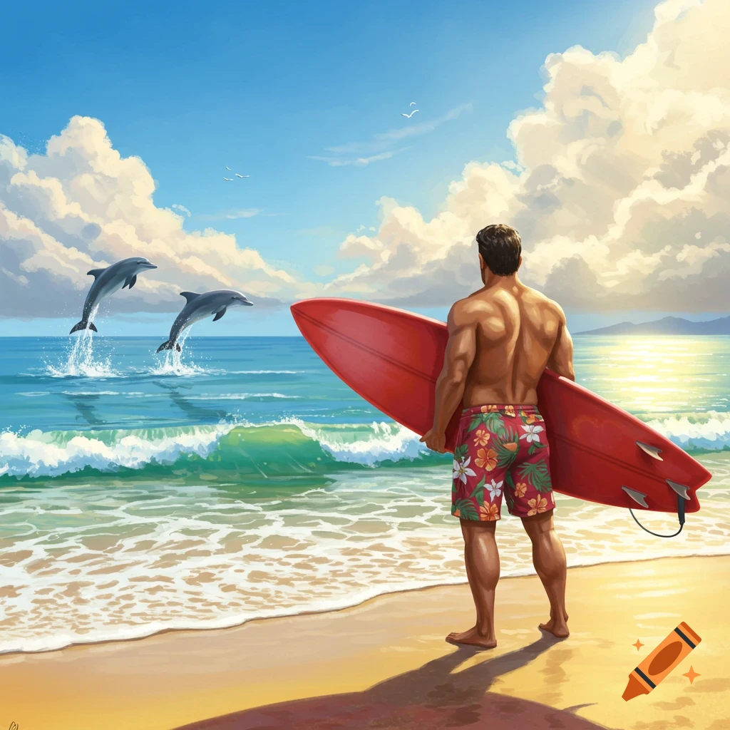 A muscular man in floral swim trunks stands on a sunny beach, holding a red surfboard, watching two dolphins jump from the ocean.
