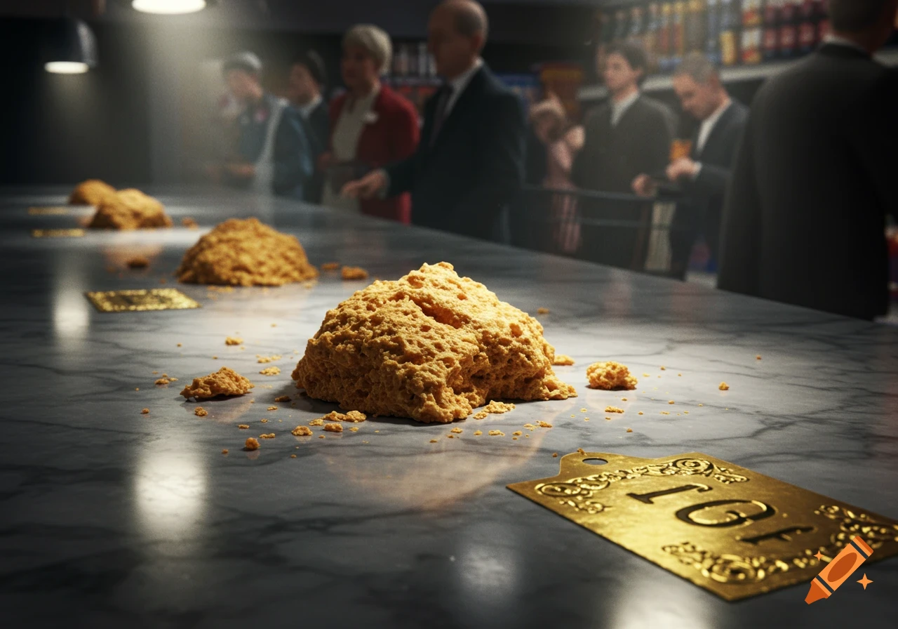 Piles of crumbs on a marble counter next to a gold ornate tag with blurred people in a store in the background, photorealistic style.